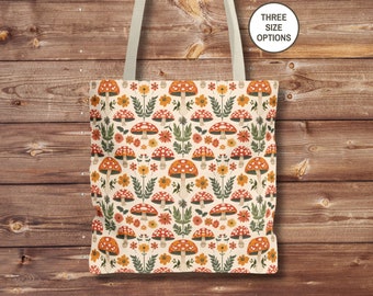 Retro Mushroom Tote Bag, Cottagecore Reusable Shopping Bag, Vintage Style Overnight Bag, Groovy 70's Beach Bag, Hippie Shoulder Book Bag