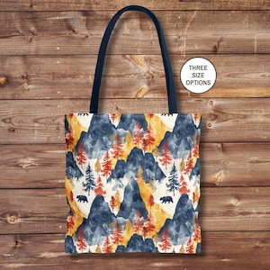 Mountain Landscape Tote Bag, Nature Reusable Shopping Bag, Hiking Forest Book Bag, Camping Over-The-Shoulder Tote, Outdoor Overnight Bag