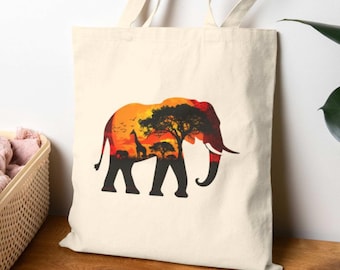 Elephant Safari Tote Bag, Animal Lover Bag, African Sunset Cotton Canvas Tote, Elephant Lover Reusable Shopping Bag, Farmers Market Tote