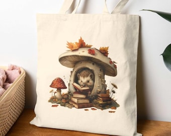 Cottagecore Mushroom Hedgehog Tote Bag, Reading Fairy Garden Cotton Canvas Tote, Book Lovers Reusable Shopping Bag, Whimsical Woodland Tote