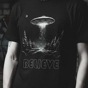 UFO Believe Shirt | Alien Abduction Retro Sci-Fi Graphic T-Shirt, Unisex Cotton Tee