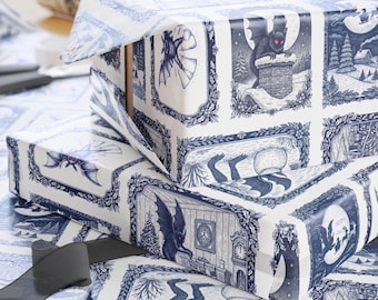 Papel de embrulho natalino com o Homem-Mariposa | Design vintage assustador de inverno