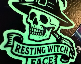 Resting Witch Face Skull - Glow-in-the-dark Vinyl Sticker for laptops