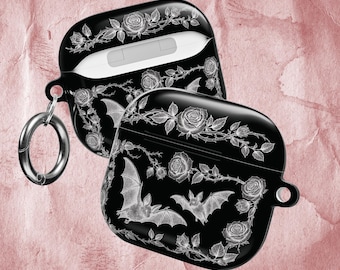 Gothic Bats Roses AirPods Gen 4 Case Cover, Victorian Goth Dark Design