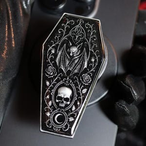 The Midnight Reliquary – Coffin Bat, Vampire Skull, and Crescent Moon Phone MagSafe or Adhesive Grip | Hand-Painted 3D Resin Relief