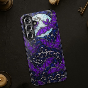 Bat Moonlight Stained Glass Look Samsung Phone Case, Dark Aesthetic, Tough Case Halloween, Spooky Gifts, Bats, s25, s24, s23, plus, ultra