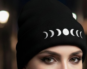 Crescent Moon Phases Embroidered Black Beanie - Etsy display picture 1