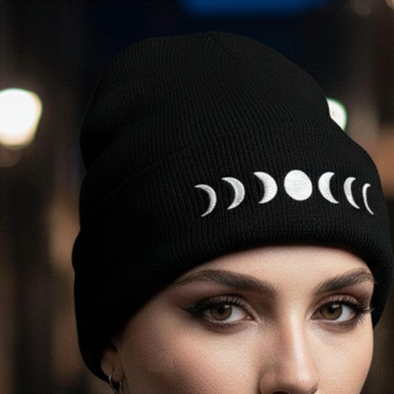 Crescent Moon Phases Embroidered Black Beanie - Etsy display picture 1