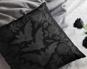 Bats and Roses Throw Pillow | Dark Victorian Gothic Home Decor