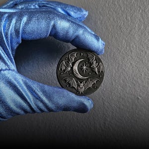 May include: A dark, round coin featuring a crescent moon, star, and bats. The coin is held by a gloved hand against a gray background. The coin's design is detailed and gothic in style.