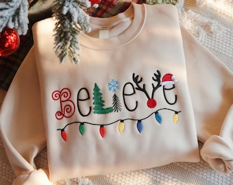 Weihnachts-Sweatshirt mit Stickerei „Believe“, festlicher Rundhalsausschnitt