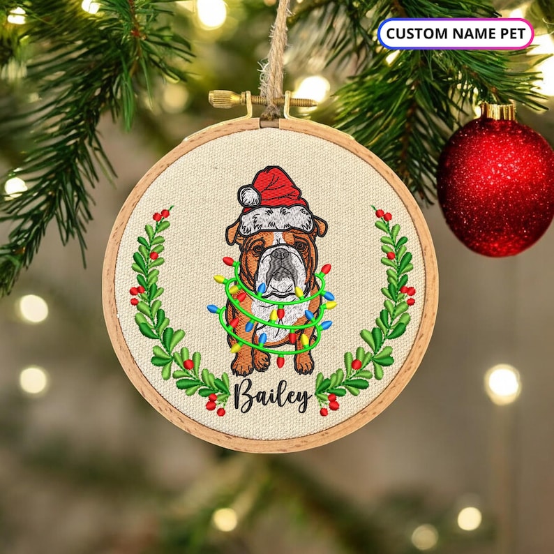 Custom Name Dog Ornament, Embroidered Bulldog Ornament, Christmas Gifts