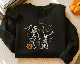 Sweatshirt met geborduurd dansend skelet, retro Halloween-trui met ronde hals.