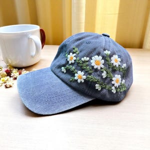 Hand Embroidery White Daisy Washed Hat, Wildflowers Embroidered Hat, Personalized Baseball Cap, Vintage Embroidered Floral, Hat For Woman