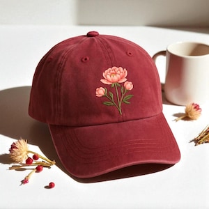 Carnation Flower Embroidered Baseball Cap, Washed Cotton Curve Brim Summer Hat