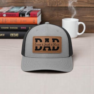 Custom Kids Name Dad Hat, Personalized Dad Gift, Leather Patch Hat, Dad and Kids Trucker Hat, Dad Hat, Fathers Day Hat, Grandpa Hat Gift