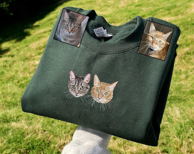 Custom Cat Embroidered Sweatshirt, Personalized Pet Portrait Hoodie