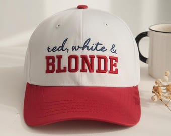 Embroidered Red White And Blondy Trucker Cap, Red White And Blondy Washed Hat, Fourth of July hat, 4th of July Hat, Cap