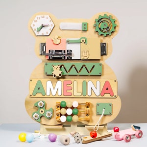 Custom Bear Baby Busy Board, Kids Wooden Name Puzzle, Personalized Baby Gift, Development Busy Board, Personalised Montessori educational