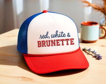 Embroidered Red White and Brunette Trucker Cap, 4th of July Hat