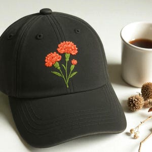 Peony Flower Embroidered Baseball Cap, Washed Cotton Curve Brim Summer Hat