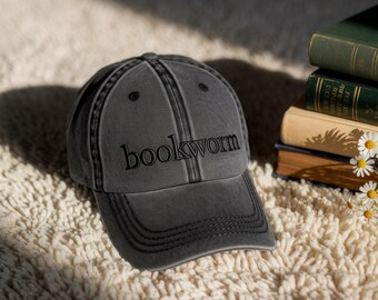 Embroidered Bookworm Two Tone Baseball Hat, Book Lover Hat  display picture 1