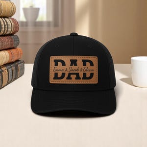Custom Kids Name Dad Hat, Personalized Dad Gift, Leather Patch Hat, Dad and Kids Trucker Hat, Dad Hat, Fathers Day Hat, Grandpa Hat Gift