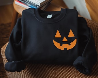Embroidered Pumpkin Face Sweatshirt, Tonal Halloween Crewneck