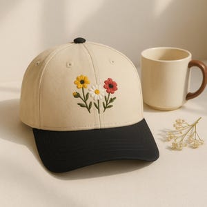 Wildflowers Flower Embroidered Trucker Cap, Brim Summer Hat