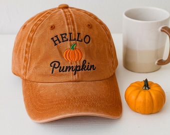 Gorra de béisbol bordada con la palabra "Hola" y calabaza, estilo otoñal