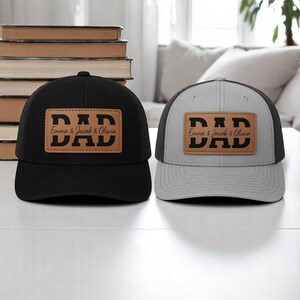 Custom Kids Name Dad Hat, Personalized Dad Gift, Leather Patch Hat, Dad and Kids Trucker Hat, Dad Hat, Fathers Day Hat, Grandpa Hat Gift