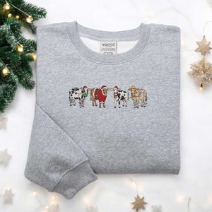 Embroidered Cows Santa Christmas Crewneck, Xmas Cow Sweater