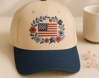 Embroidered Floral USA Patriotic Trucker Hat, July 4th Baseball Cap