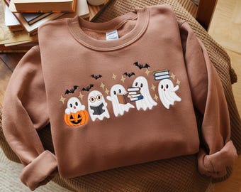 Embroidered Ghost Book Sweatshirt, Fall Halloween Crewneck