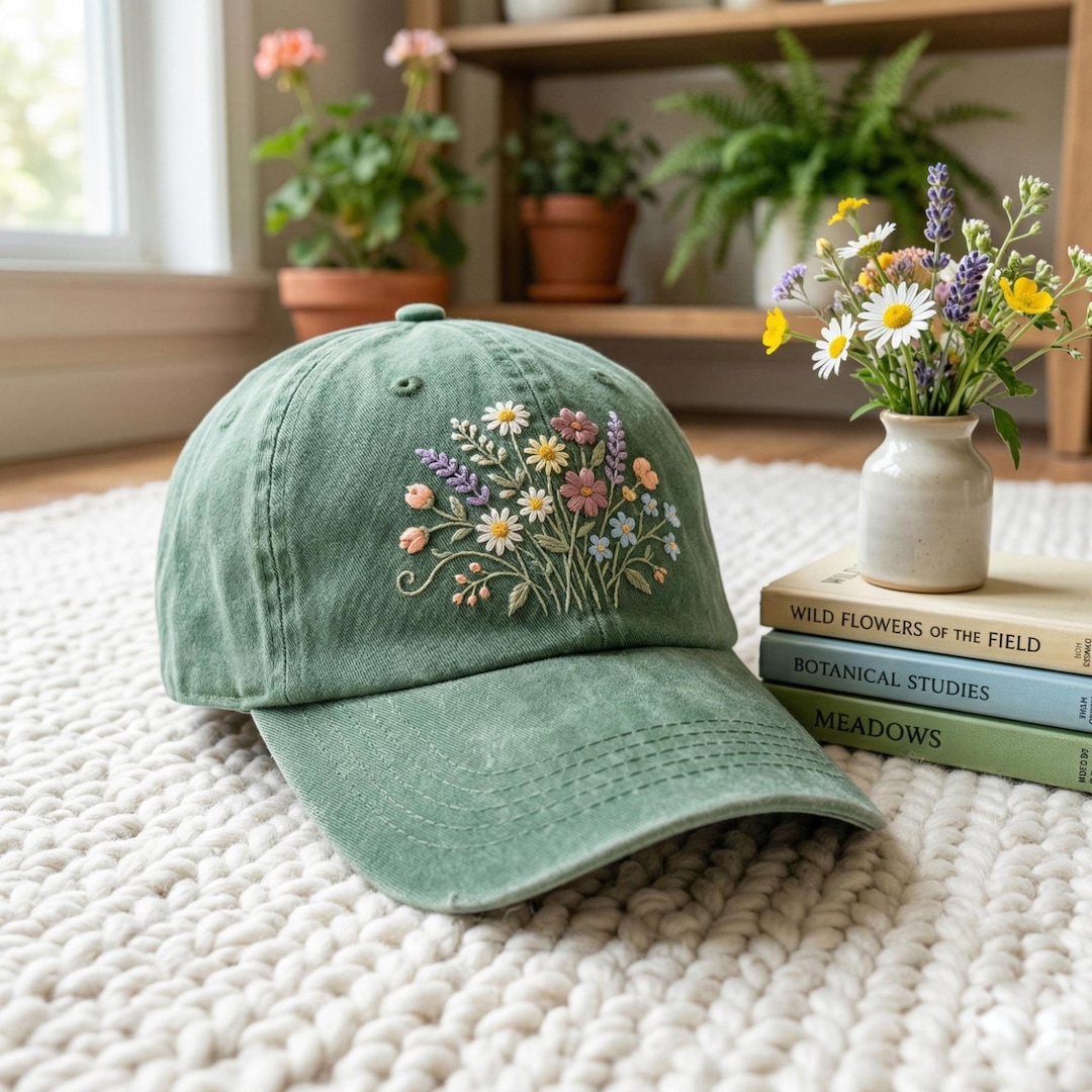 Floral Embroidered Hat: Wildflower Bouquet, Cottagecore Style Cap - Etsy