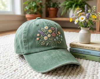 Floral Embroidered Hat: Wildflower Bouquet, Cottagecore Style Cap