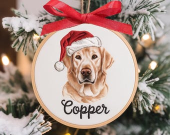 Custom Embroidered Pet Portrait Christmas Ornament, Pet Memorial Gift