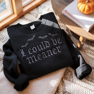Puede incluir: Sudadera negra con la frase "I could be meaner" bordada en letras g&oacute;ticas grises, junto con dise&ntilde;os de murci&eacute;lagos grises. La prenda se muestra sobre una superficie texturizada.