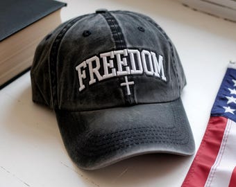Embroidered Freedom Cross Hat - Christian Cotton Twill Cap