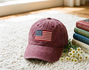 Embroidered Retro America Hat Cap, American Flag, 4th Of July Hat, Fourth Of July, Patriotic USA Gift, Women's Tee, USA Hat For Women