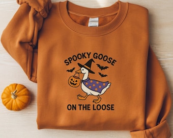 Embroidered Spooky Goose Shirt, Sweatshirt, Halloween TShirt, Witchy Silly Goose Lover Tee, Girly Halloween Gift, Trick or Treat Outfit