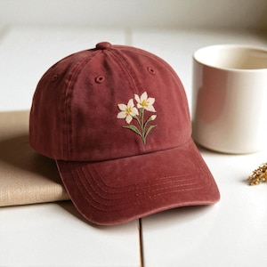 Lily Flower Embroidered Baseball Cap, Washed Cotton Curve Brim Summer Hat