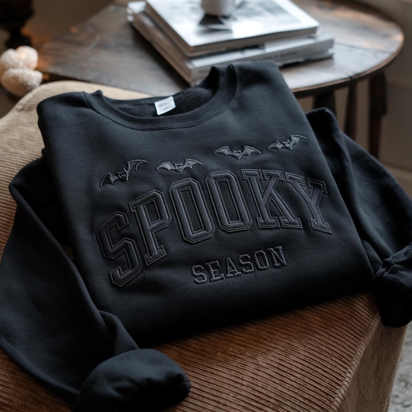 Embroidered Spooky Season Sweatshirt, Halloween Bat Crewneck