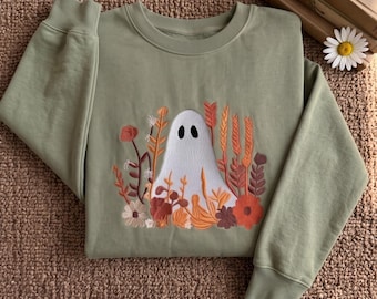 Embroidered Ghost Sweatshirt: Spooky Halloween Wildflower Crewneck