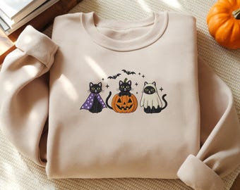 Embroidered Halloween Sweatshirt, Black Cats, Pumpkin, Fall Crewneck