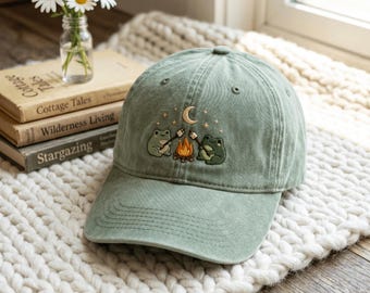 Embroidered Frog Campfire Halloween Hat: Cottagecore Cap