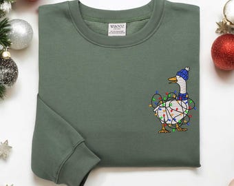 Embroidered Christmas Duck Sweatshirt, Santa Lights Holiday Crewneck