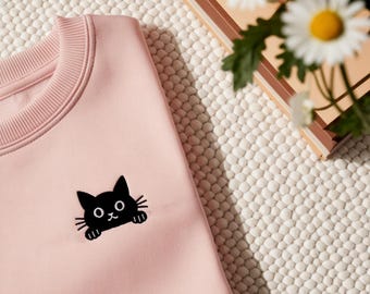 Cat Embroidered Sweatshirt,Cute Cat Sweatshirt,Black Cat Shirt,Cat Peeking Sweatshirt, Sweatshirt,Gift for Cats Lover,Cat Mom Sweatshirt