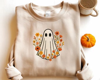 Embroidered Ghost Sweatshirt, Spooky Season Floral Tee