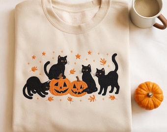Embroidered Black Cat Halloween Sweatshirt, Pumpkin Fall Crewneck